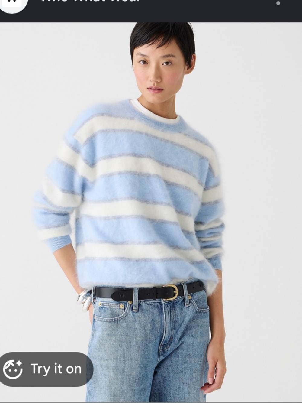 J.Crew Brushed Cashmere Striped Sweater Blue Ivory Fuzzy Crewneck M